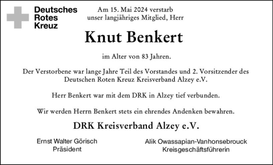 Traueranzeige von Knut Benkert von Allgemeine Zeitung Alzey