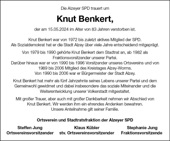 Traueranzeige von Knut Benkert von Allgemeine Zeitung Alzey