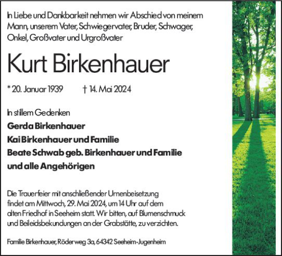 Traueranzeige von Kurt Birkenhauer von Darmstädter Echo