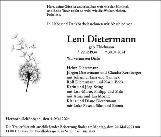 Traueranzeige von Leni Dietermann von Dill Block