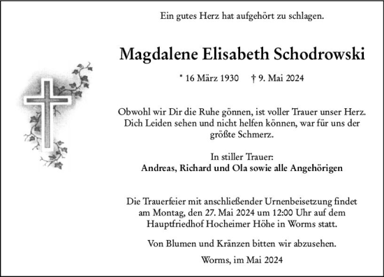 Traueranzeige von Magdalene Elisabeth Schodrowski von Wormser Zeitung
