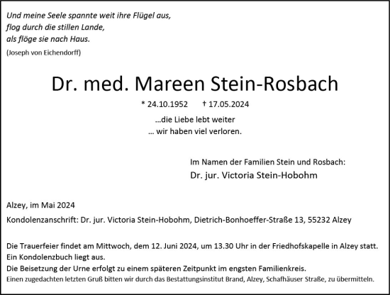 Traueranzeige von Mareen Stein-Rosbach von Allgemeine Zeitung Alzey