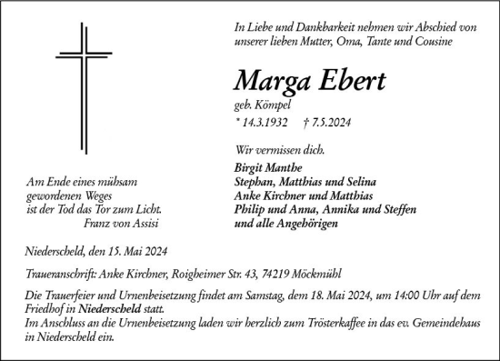 Traueranzeige von Marga Ebert von Dill Block