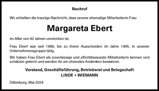 Traueranzeige von Margareta Ebert von Dill Block