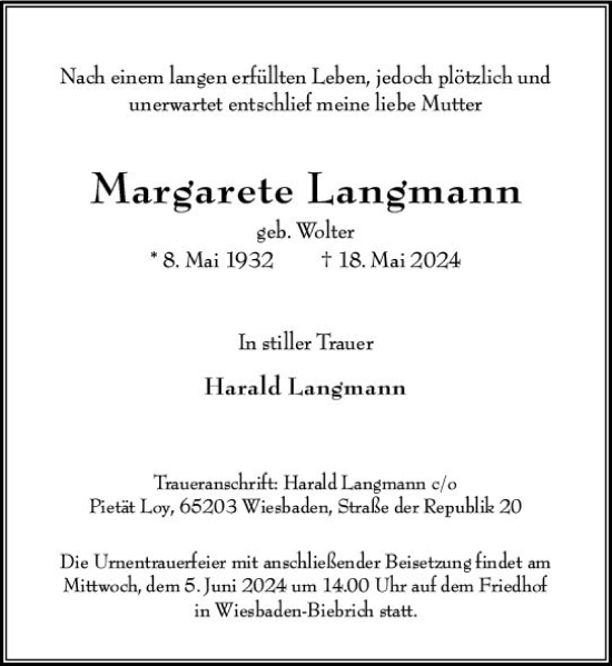 Traueranzeige von Margarete Langmann von Wiesbadener Kurier