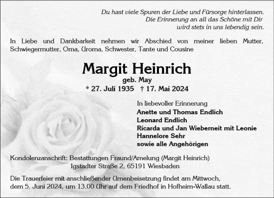Traueranzeige von Margit Heinrich von Wiesbadener Kurier