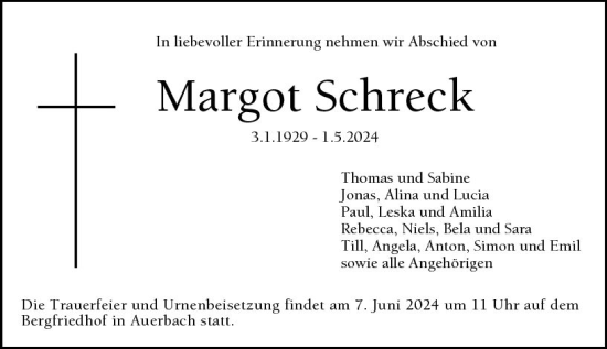 Traueranzeige von Margot Schreck von Starkenburger Echo