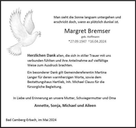 Traueranzeige von Margret Bremser von Camberger Anzeiger
