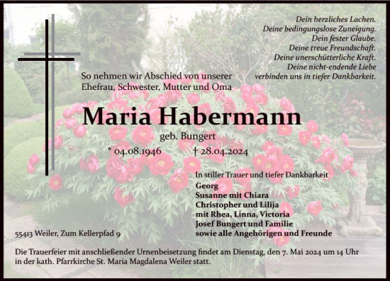 Traueranzeige von Maria Habermann von Allgemeine Zeitung Bingen/Ingelheim