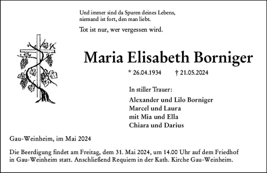 Traueranzeige von Maria Elisabeth Borniger von Allgemeine Zeitung Alzey