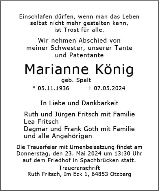 Traueranzeige von Marianne König von Darmstädter Echo