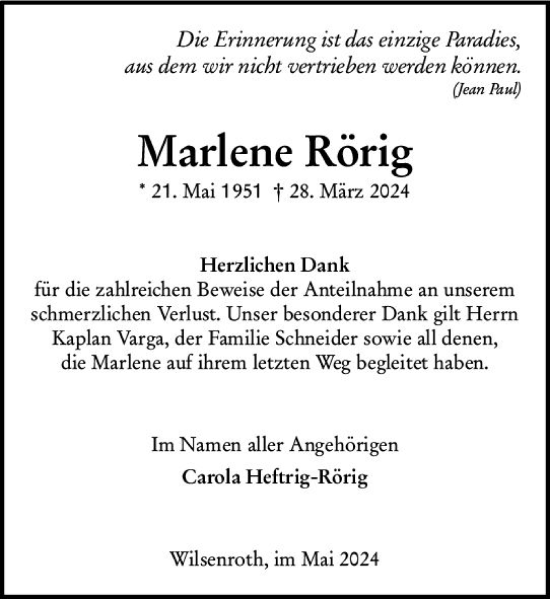 Traueranzeige von Marlene Rörig von Nassauische Neue Presse