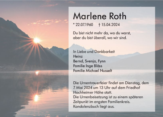 Traueranzeige von Marlene Roth von Wormser Zeitung