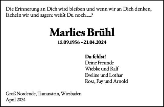 Traueranzeige von Marlies Brühl von Wiesbadener Kurier