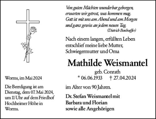 Traueranzeige von Mathilde Weismantel von Wormser Zeitung