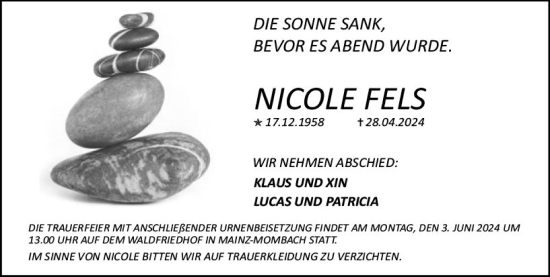 Traueranzeige von Nicole Fels von Allgemeine Zeitung Mainz