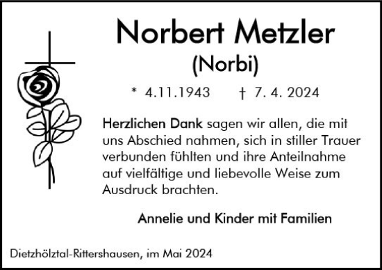 Traueranzeige von Norbert Metzler von Dill Block