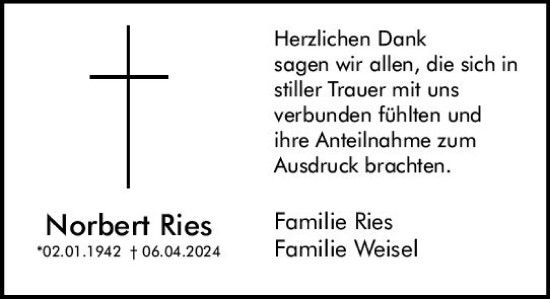 Traueranzeige von Norbert Ries von Allgemeine Zeitung Bingen/Ingelheim