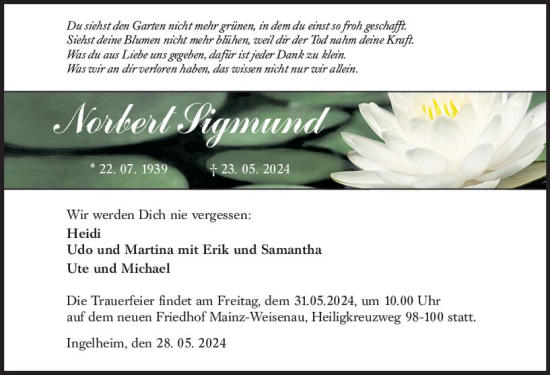 Traueranzeige von Norbert Sigmund von Allgemeine Zeitung Bingen/Ingelheim