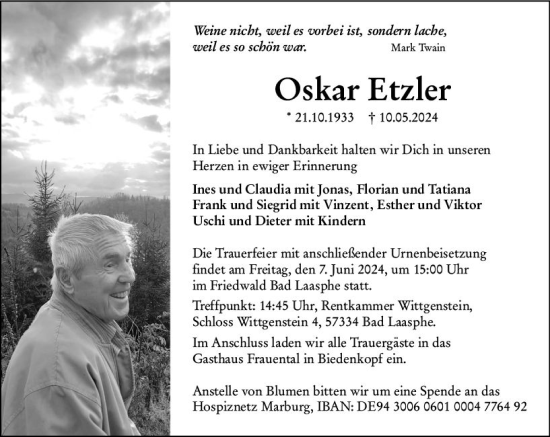 Traueranzeige von Oskar Etzler von Hinterländer Anzeiger