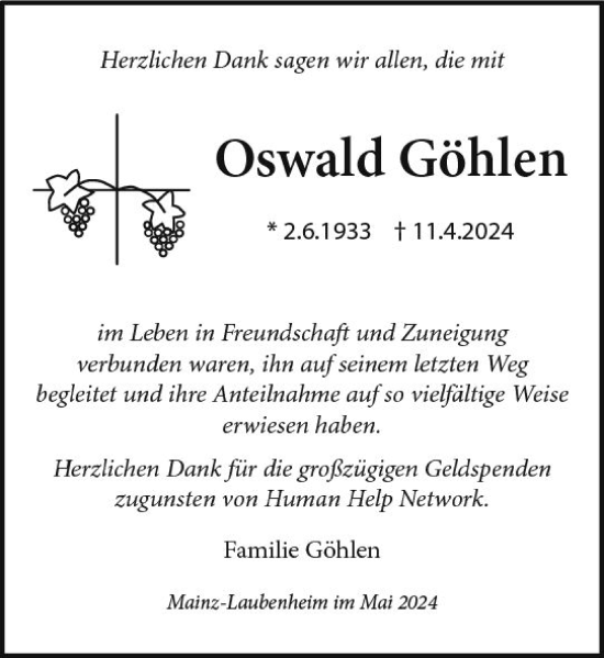 Traueranzeige von Oswald Göhlen von Allgemeine Zeitung Mainz