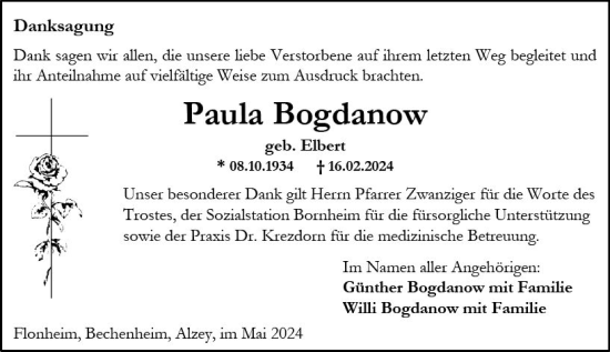 Traueranzeige von Paula Bogdanow von Allgemeine Zeitung Alzey