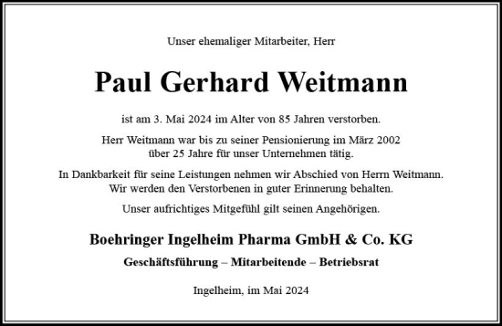 Traueranzeige von Paul Gerhard Weitmann von Allgemeine Zeitung Bingen/Ingelheim