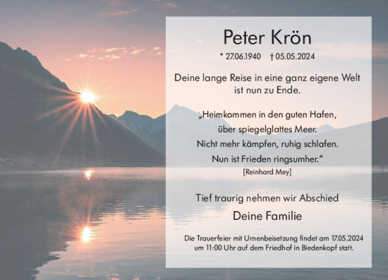 Traueranzeige von Peter Krön von Hinterländer Anzeiger