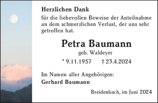 Traueranzeige von Petra Baumann von Hinterländer Anzeiger