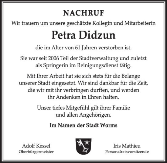 Traueranzeige von Petra Didzun von Wormser Zeitung