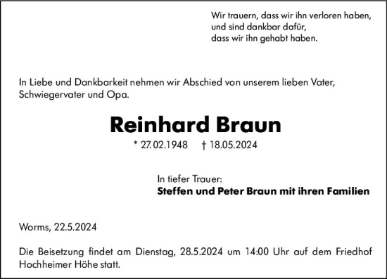 Traueranzeige von Reinhard Braun von Wormser Zeitung