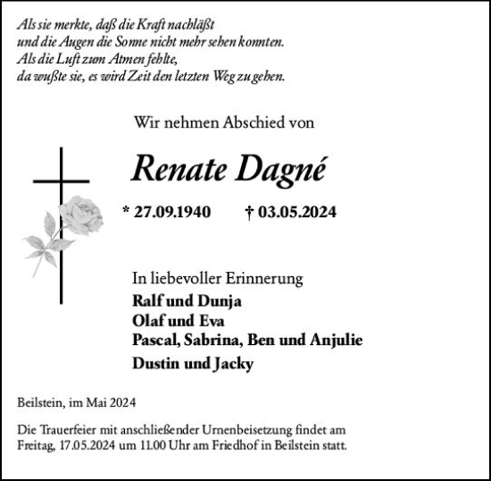 Traueranzeige von Renate Dagne von Dill Block