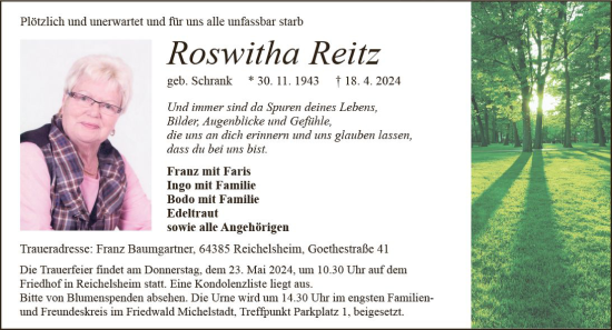 Traueranzeige von Roswitha Reitz von Odenwälder Echo