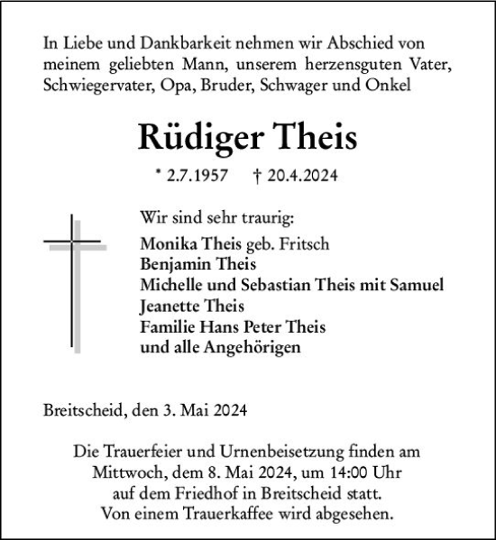 Traueranzeige von Rüdiger Theis von Dill Block
