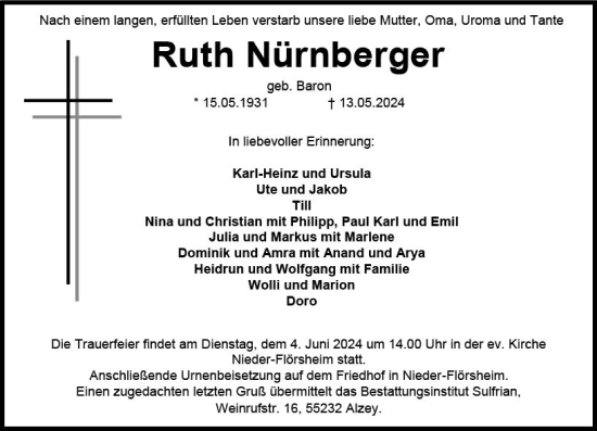 Traueranzeige von Ruth Nürnberger von Allgemeine Zeitung Alzey