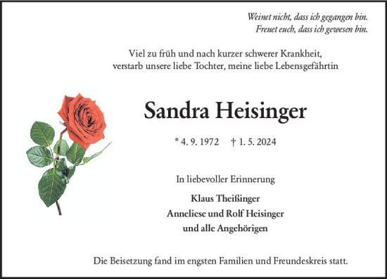 Traueranzeige von Sandra Heisinger von Allgemeine Zeitung Bad Kreuznach
