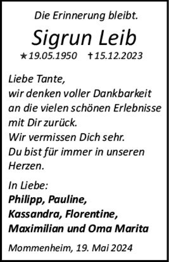 Traueranzeige von Sigrun Leib von Allgemeine Zeitung Mainz
