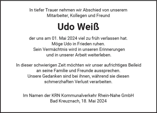 Traueranzeige von Udo Weiß von Alzeyer Wochenblatt