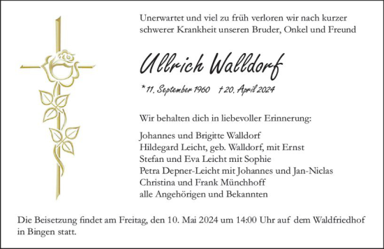 Traueranzeige von Ullrich Walldorf von Allgemeine Zeitung Bingen/Ingelheim