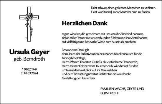 Traueranzeige von Ursula Geyer von Allgemeine Zeitung Mainz