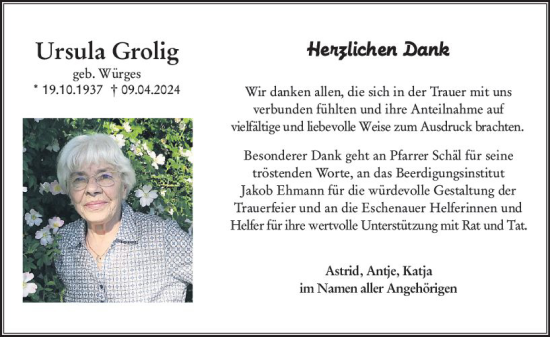 Traueranzeige von Ursula Grolig von Nassauische Neue Presse