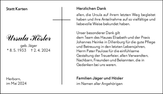 Traueranzeige von Ursula Hösler von Dill Block
