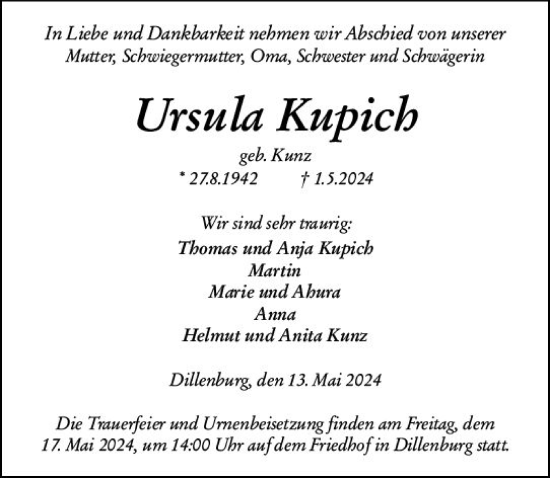 Traueranzeige von Ursula Kupich von Dill Block