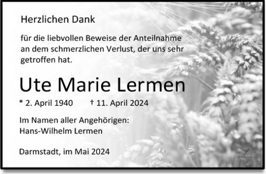 Traueranzeige von Ute Marie Lermen von Darmstädter Echo