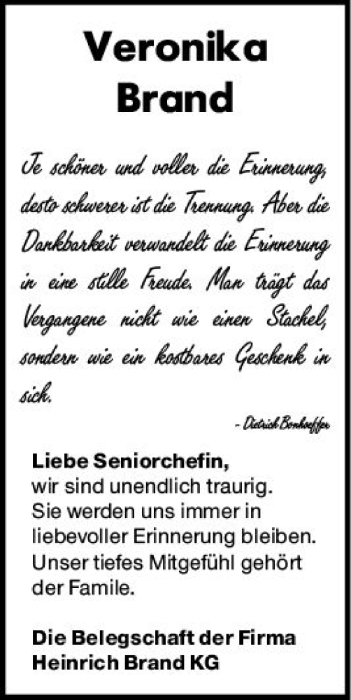 Traueranzeige von Veronika Brand von Odenwälder Echo