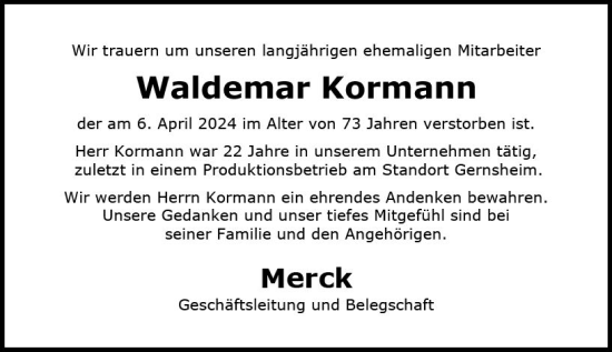 Traueranzeige von Waldemar Kormann von Groß-Gerauer Echo