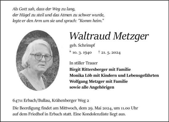 Traueranzeige von Waltraud Metzger von Odenwälder Echo