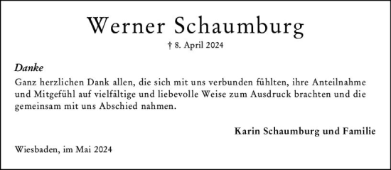 Traueranzeige von Werner Schaumburg von Wiesbadener Kurier
