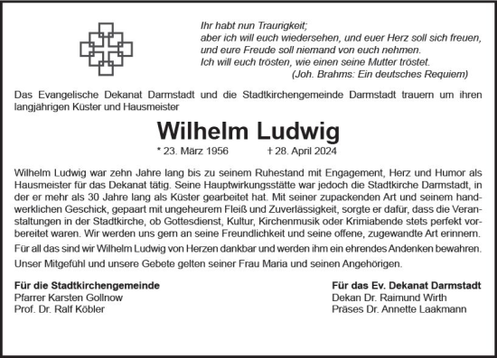 Traueranzeige von Wilhelm Ludwig von Darmstädter Echo