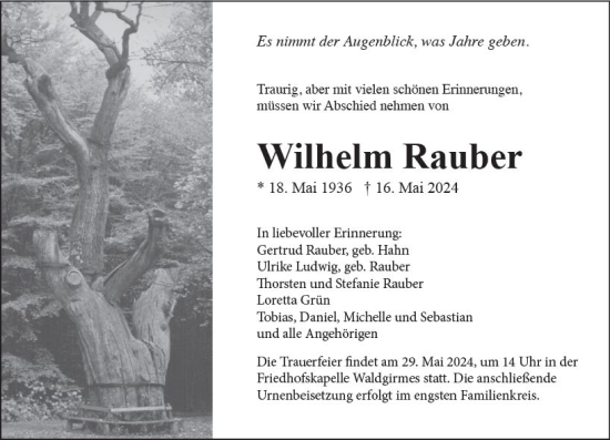 Traueranzeige von Wilhelm Rauber von Wetzlarer Neue Zeitung